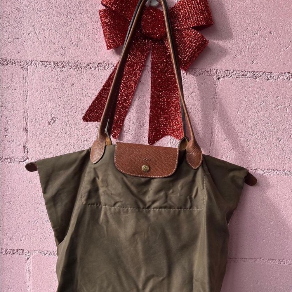 Olive green large Longchamp nylon tote
